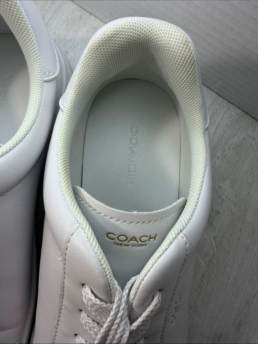 Coach White Leather Lace-Up Sneakers with Gold Accent - Picture 10 of 14